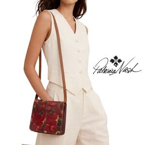 🌹 PATRICIA NASH leather burgundy red floral flap flat Crossbody bag EUC